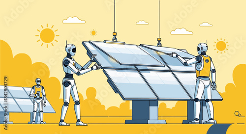 Robotic workforce assembling solar panels showcasing futuristic clean energy solutions development