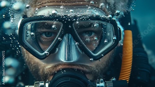 Close-up of a Scuba Divers Face Underwater.