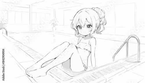 Anime character relaxing at the poolside in a modern indoor swimming pool
