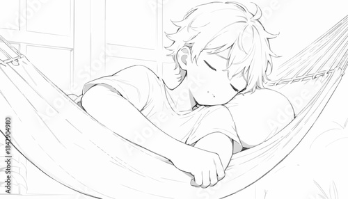 Boy sleeping in a hammock indoors with soft light from the window
