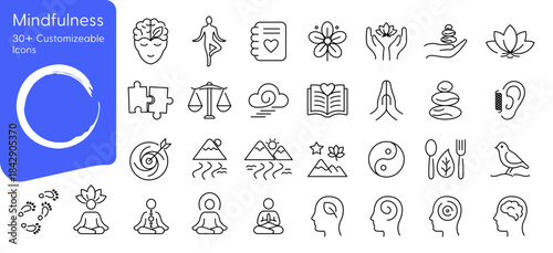 mindfulness icon set showing minimalist vector line art icons sheet for ui design, webpage, website, with blackline art strokes on transparent background