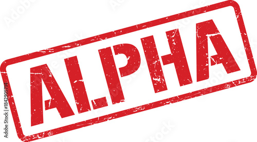 Red Distressed Rubber Stamp Imprint Featuring the Word ALPHA on a White Background