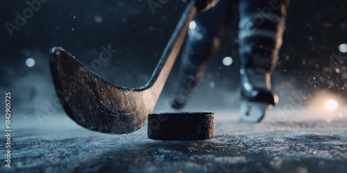 Ice Hockey Action: Capturing the essence of a dynamic ice hockey scene, a player's stick makes contact with a puck, creating an immersive display of action and intensity.