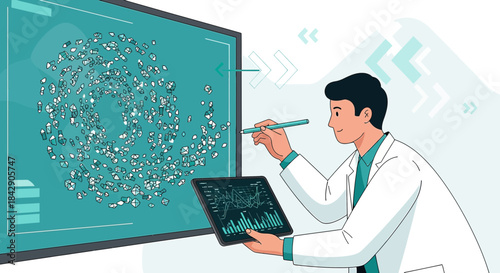 Scientist conducting digital data analysis using interactive screen for medical research progress