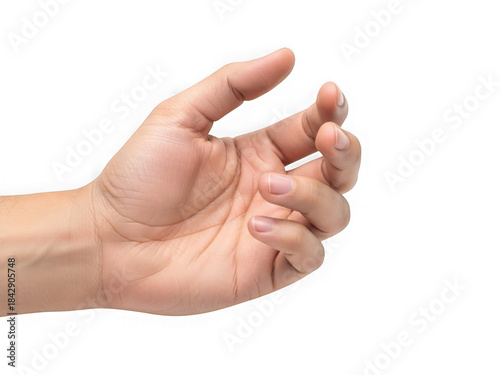 Close up of a woman's hand with painted fingernails delicately pinching something small against a stark black background isolating the gesture