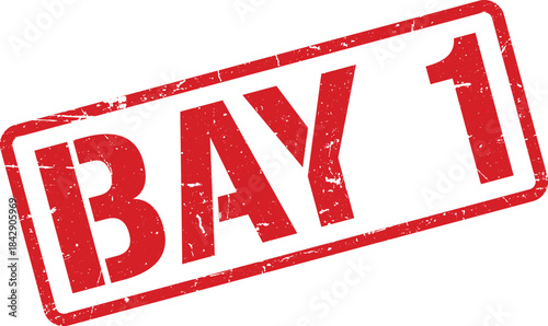 Red Bay 1 Text Inside Distressed Rectangular Border Stamp Against White Background Isolated Image