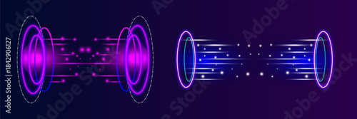 Virtual abstract futuristic portal hologram round circle square cyber realistic vector illustration set tech game laboratory