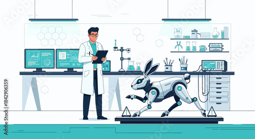 Scientist observes robotic rabbit in laboratory setting, showcasing a blend of technology and