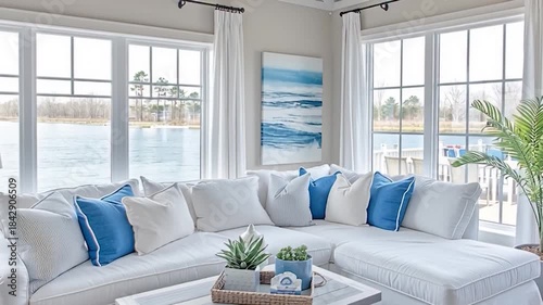 Coastal Living Room with White Sectional Sofa and Blue Accents.