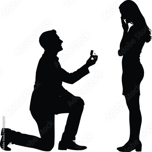 Black silhouette of person kneeling with ring box proposing to partner, capturing love, surprise, and emotional commitment