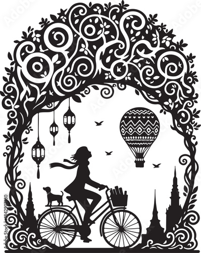 Silhouette of a Girl Riding a Bicycle with a Dog on a Bicycle