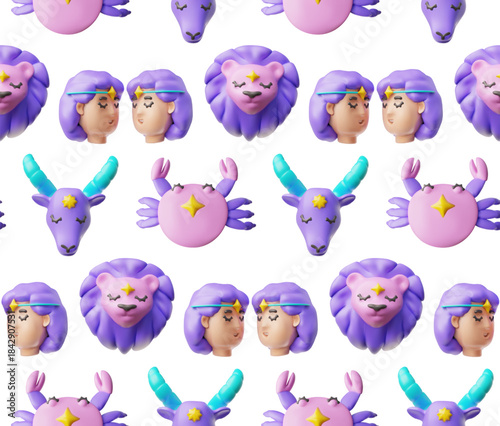 3D seamless pattern with cartoon zodiac signs: Gemini, Cancer, Leo, Capricorn, purple.