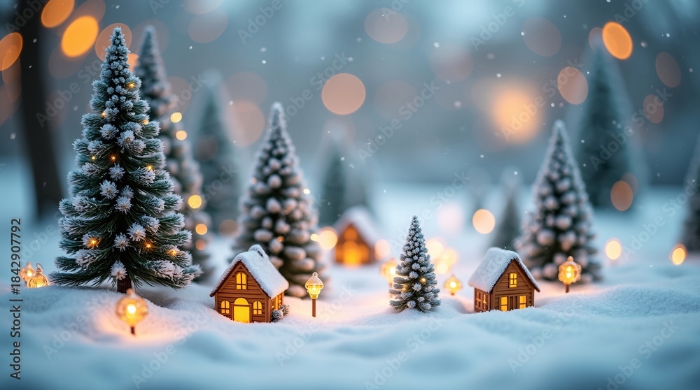 Obraz premium Snow-dusted mini trees, lit cabins, and lanterns sit in snow, with warm bokeh lights. 