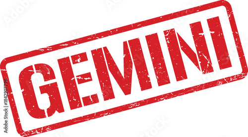 Distressed Red Gemini Stamp with White Text and Rectangle Border on White Background