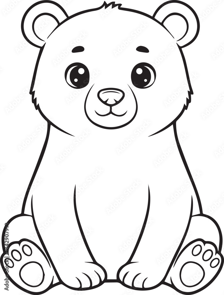 Obraz premium Cute bear sitting peacefully with a soft rounded friendly character look line art one line art