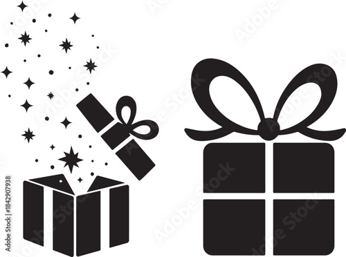 Minimalist black gift box icon set featuring closed boxes and opening boxes with magic sparkles. Perfect for rewards, surprises, and celebration UI design in apps or websites.