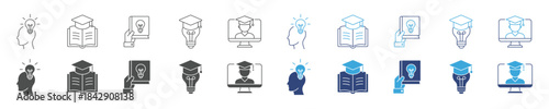 Digital Learning Icons Set, Education, Knowledge Sharing, Online Courses and Academic Achievement Concept, Vector Illustration