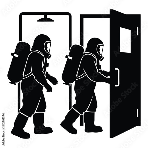 Firefighters entering building in protective gear isolated on white background, Vector