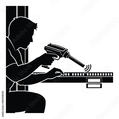 Man using drill gun on film strip isolated on white background, Vector