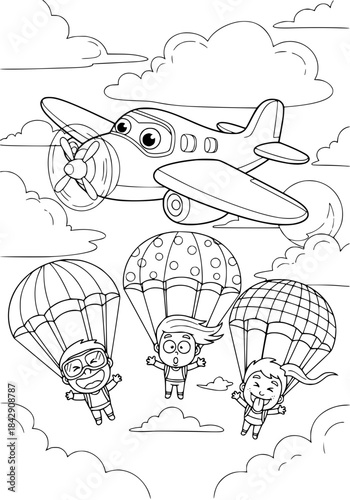 funny parachutists. coloring book