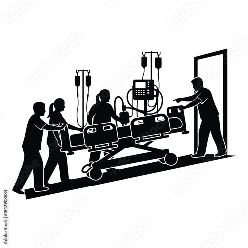 Medical team transporting patient on hospital bed isolated on white background, Vector