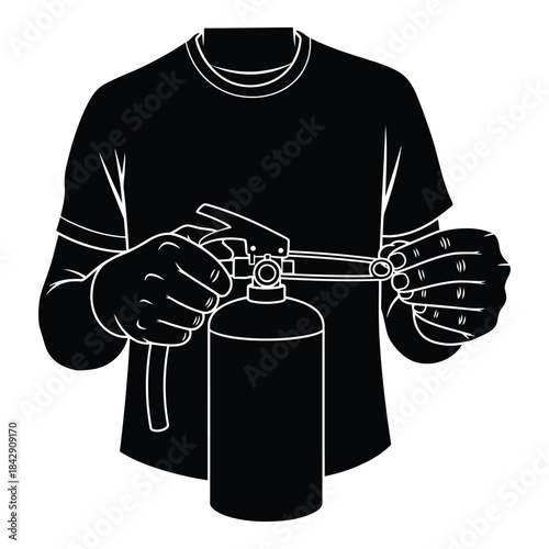 Person holding fire extinguisher isolated on white background, Vector