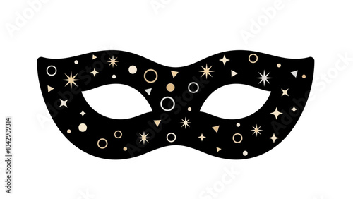 Elegant black masquerade mask adorned with shimmering gold stars and festive confetti, perfect for adding a touch of mystery and glamour to celebratory events and luxurious parties