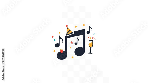 Festive music notes with party hat and champagne flute, symbolizing celebration and joy