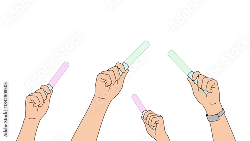 Multiple hands joyfully brandish glowing light sticks, creating a captivating visual of excitement and shared experience at a vibrant social event