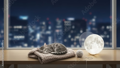 Cozy cat sleeping peacefully on a blanket by a city window  