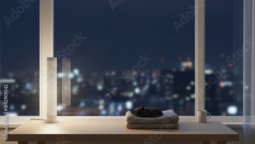 Cozy cat sleeping on a table with city view at night  