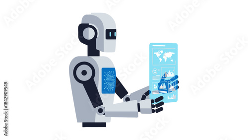 Artificial intelligence robot processing complex global data and network information on a futuristic transparent screen, symbolizing innovation and technological advancement in machine learning