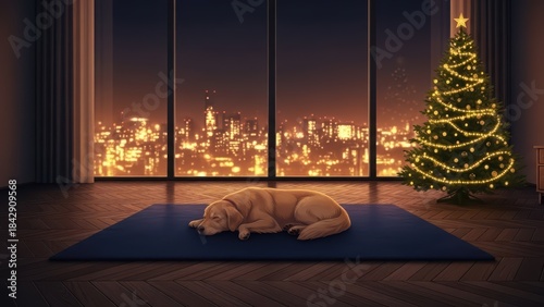 Cozy dog sleeping by the Christmas tree in a city apartment  