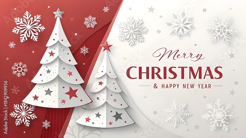 Merry Christmas Greeting card, Christmas Tree and Snowflake on Red Background.