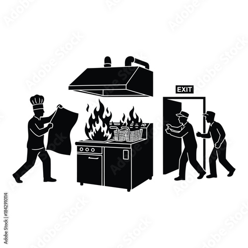 Kitchen fire emergency situation with staff evacuating isolated on white background, Vector