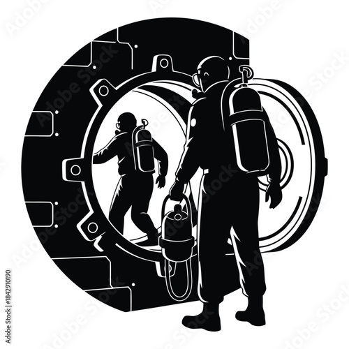 Firefighters entering hazardous area with safety gear isolated on white background, Vector