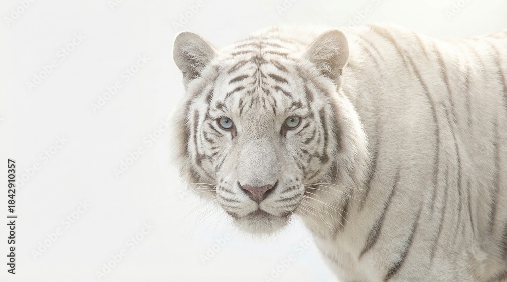 Fototapeta premium White tiger with striking blue eyes on a clean white background. Majestic wildlife animal portrait for nature and strength concepts.