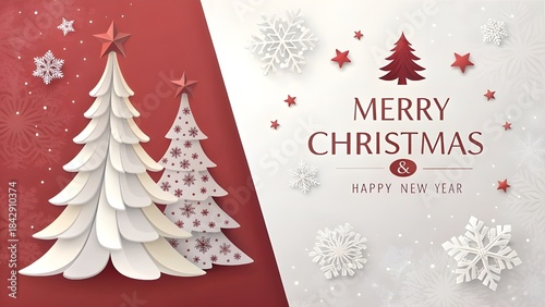 Merry Christmas Greeting card, Christmas Tree and Snowflake on Red Background.