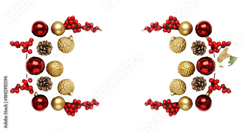 Photorealistic top-down view of luxurious nordmann fir christmas borders with snowy pinecones, scarlet holly, red and gold baubles on transparent background, concept for seasonal commercial design