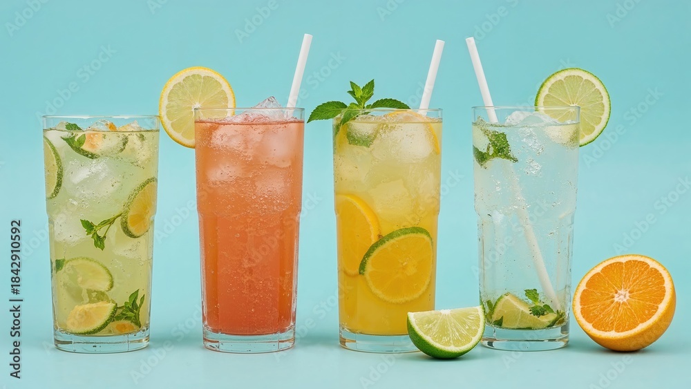 Fototapeta premium Colorful beverages with lemon, lime, and orange slices, fresh mint, and straws on a blue background. Refreshing drinks with fruit garnish and ice.
