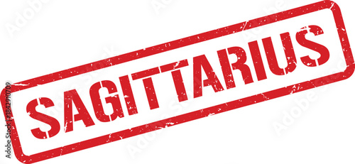 Red Sagittarius Rubber Stamp Impression on White Background Astrology Sign with Rough Edges