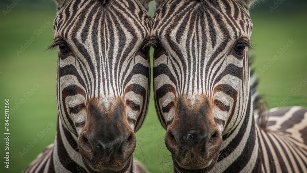Obraz premium Two zebras facing forward with close-up on their faces against a blurred green background.
