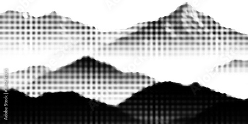 Mountain with halftone stipple effect, for grunge punk y2k collage design. Brutalist noisy retro photocopy background with mound. Vector illustration for vintage banner, music poster
