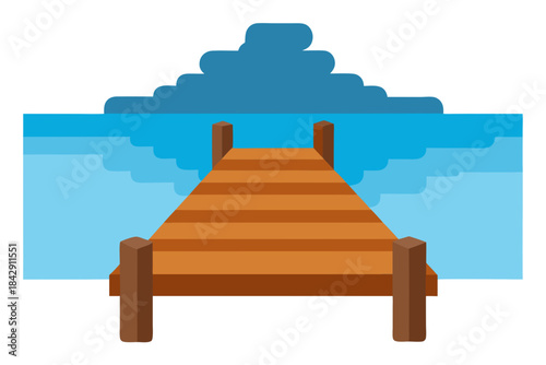 wooden pier extending into calm lake on white