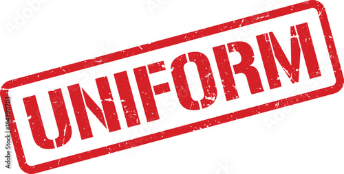 Distressed Red Uniform Rubber Stamp Impression on White Background, Angled with Grunge Texture