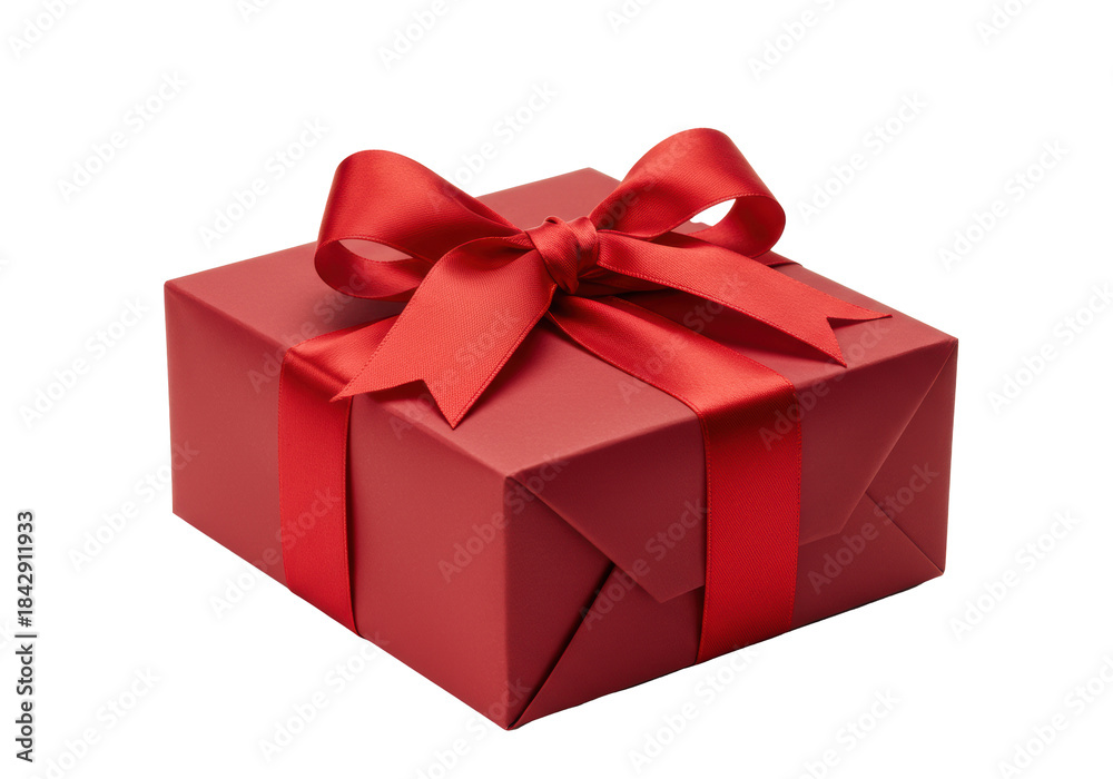 Obraz premium Pristine, rectangular gift box in deep crimson matte paper, sharp red satin bow, dramatic studio lighting, macro shot, isolated on a high-key white background. concept for high-end commerce