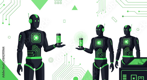 Illustration of futuristic robot team with energy cells and technological designs elements