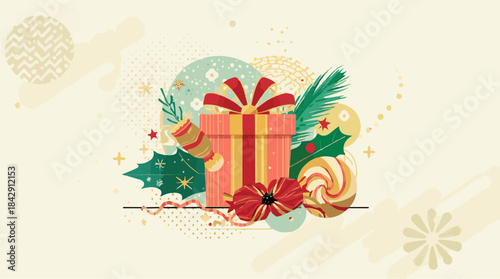 Vector illustration of Christmas candy and a giftbox on a flat design background, featuring colorful and stylized elements, with bold lines and geometric