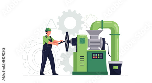 Illustration showing a worker operating a machine in an industrial setting with gears