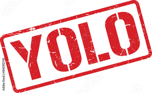Red Rubber Stamp with the Word YOLO in Bold, Slightly Tilted, on a White Background